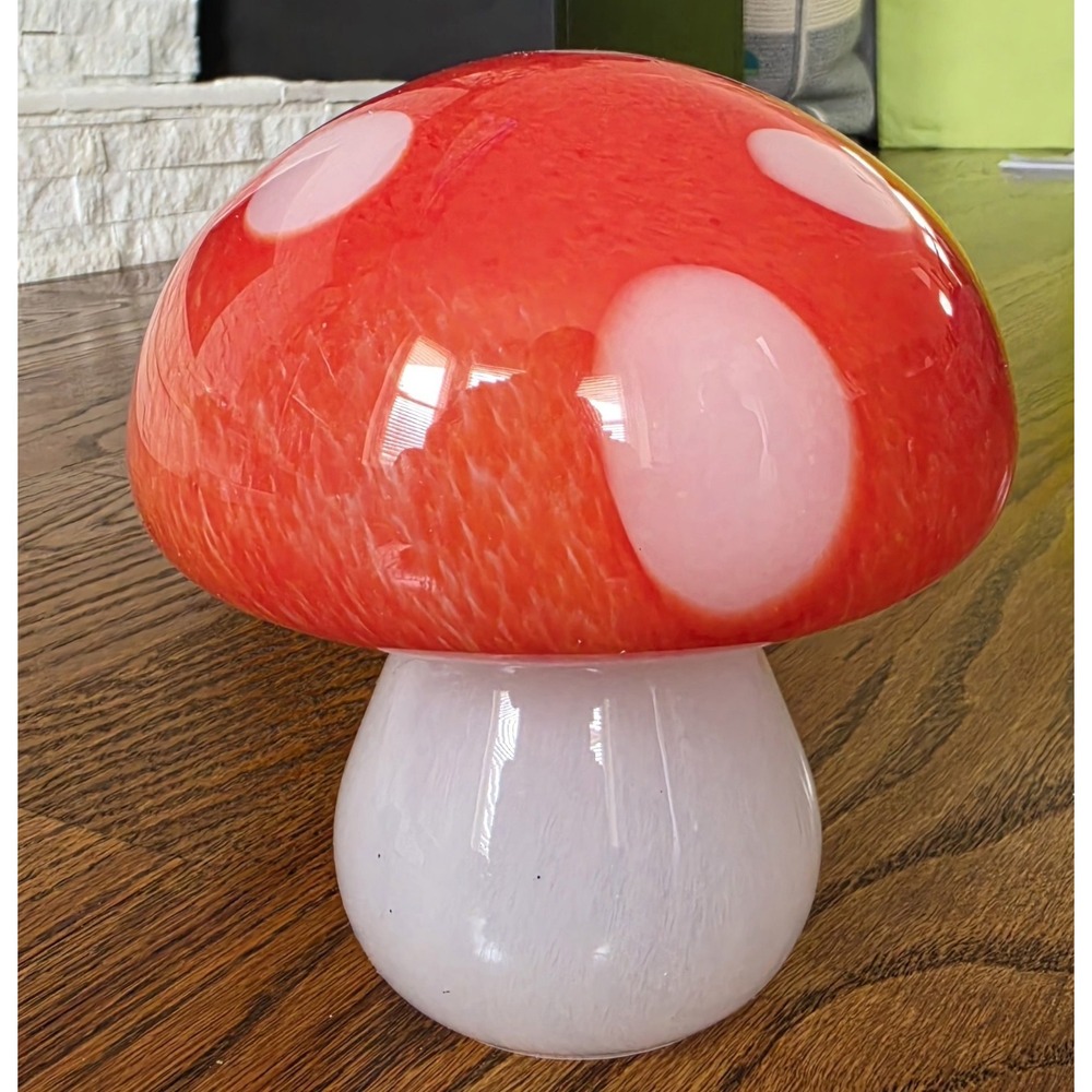 Vintage MCM Style Hand-Blown Art Glass Mushroom – Orange & White Amanita